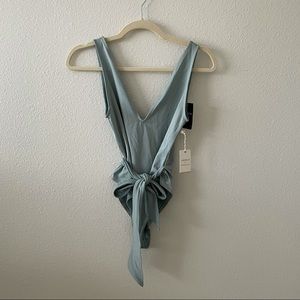 Forever 21 blue belted deep V neck bodysuit NWT